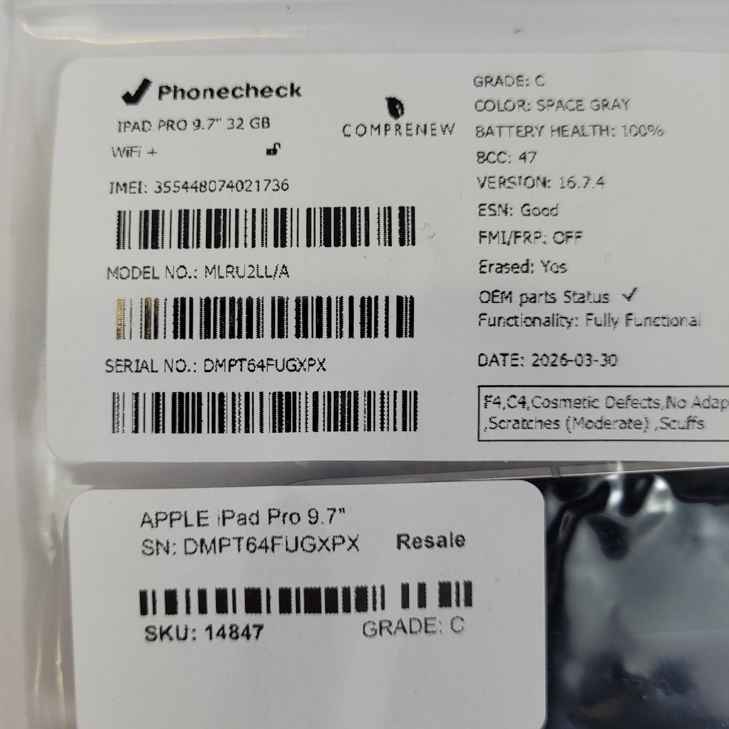 APPLE iPad Pro 9.7" MLRU2LL/A 32GB Tablet SPACE GRAY | Grade C | 14847