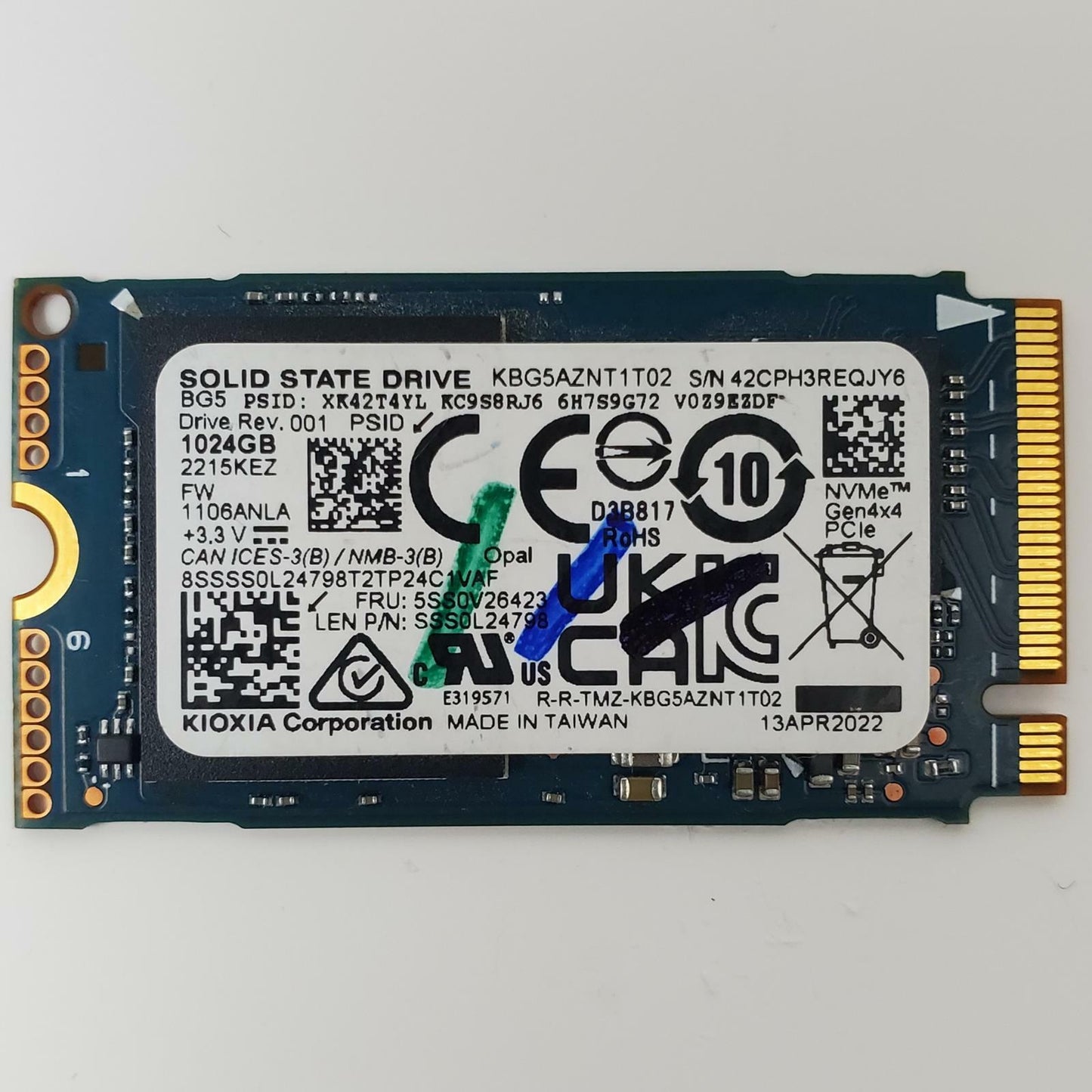 Kioxia KBG5AZNT1T02 1TB 2242 Gen4 M.2 NVMe SSD | Grade A