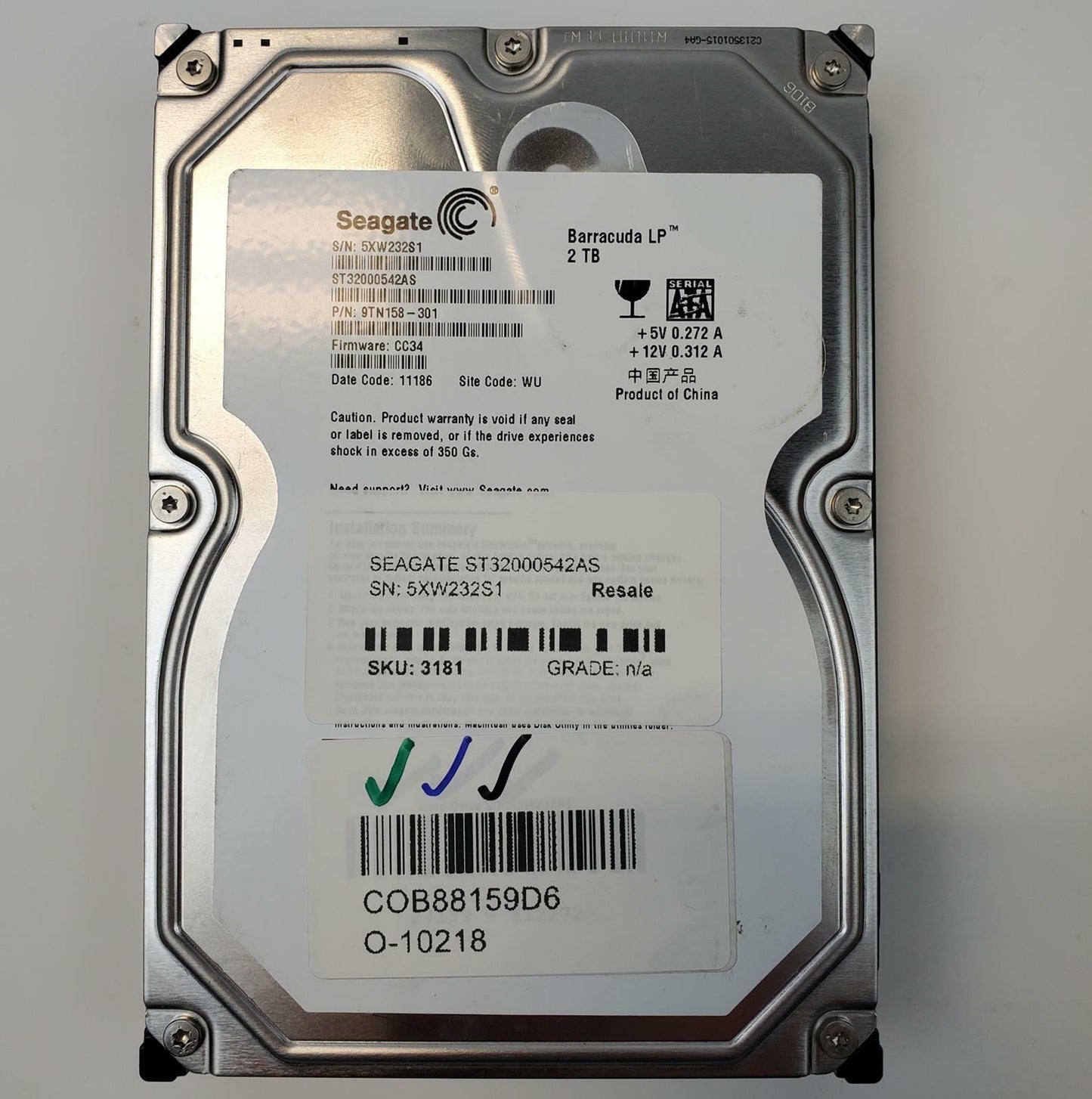 Seagate ST32000542AS 2TB 3.5" SATA Internal HDD | Grade A | 10521
