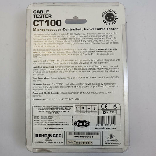 BEHRINGER CT100 6 in 1 Cable Tester | Grade B