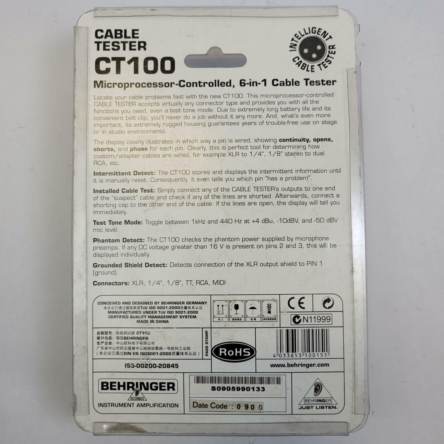 BEHRINGER CT100 6 in 1 Cable Tester | Grade B