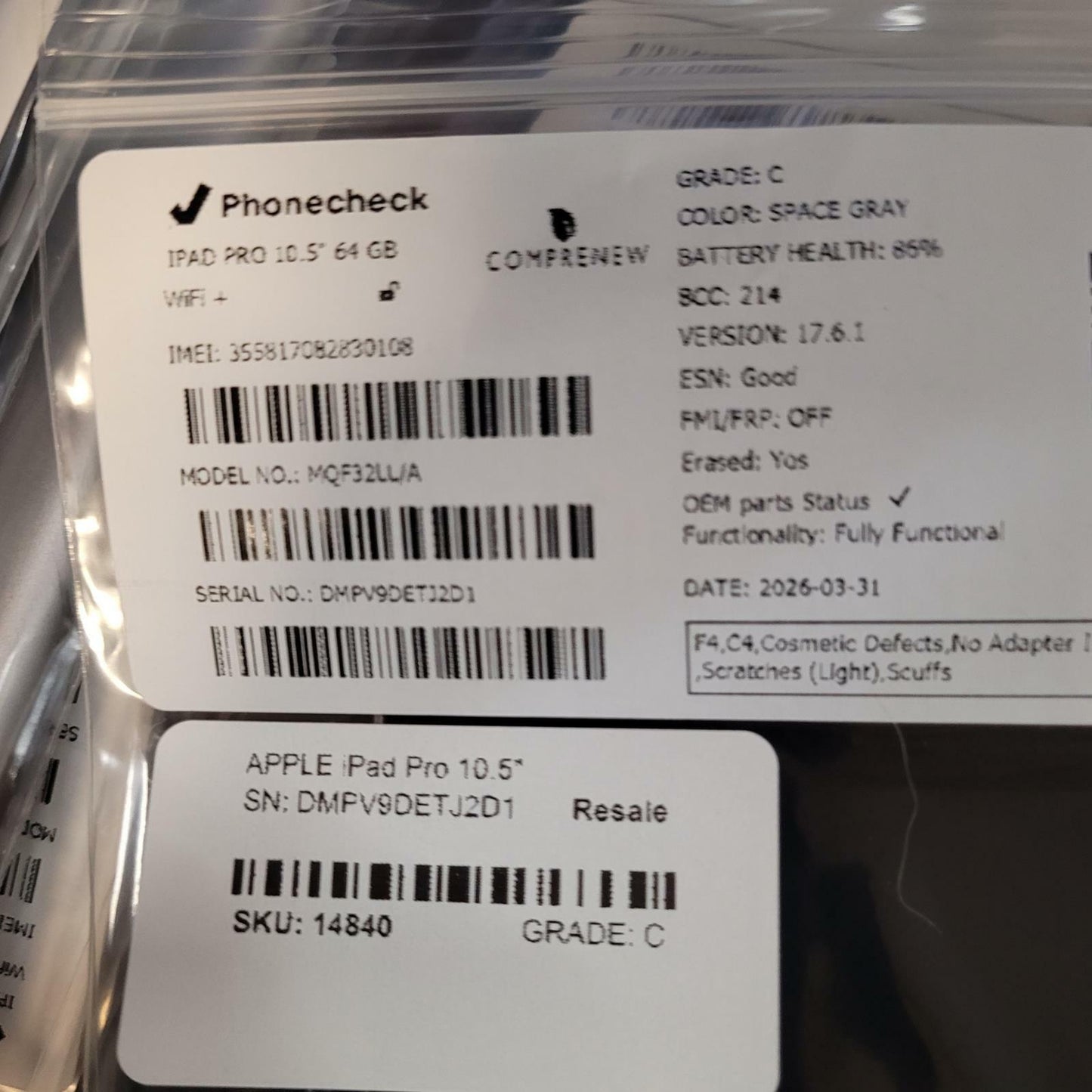 APPLE iPad Pro 10.5" MQF32LL/A 64GB WiFi Tablet SPACE GRAY | Grade C | 14840