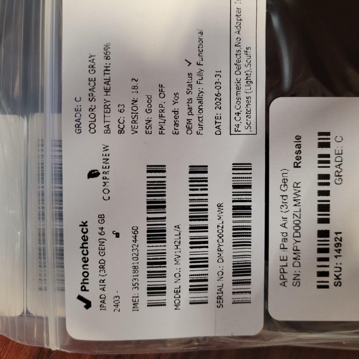 APPLE iPad Air (3rd Gen) MV1H2LL/A 64GB Tablet SPACE GRAY | Grade C | 14921
