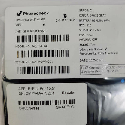 APPLE iPad Pro 10.5" MQF32LL/A 64GB WiFi Tablet SPACE GRAY | Grade C