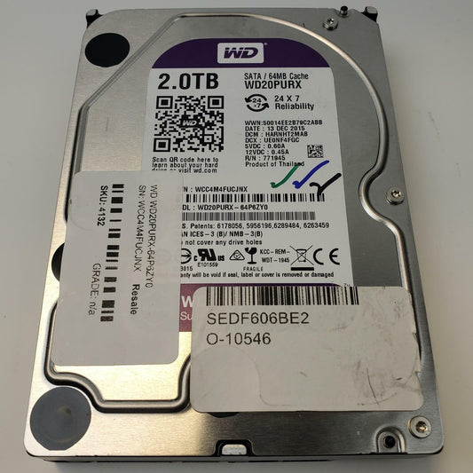 Western Digital WD20PURX-64P6ZY0 2TB 3.5" SATA HDD | Grade A