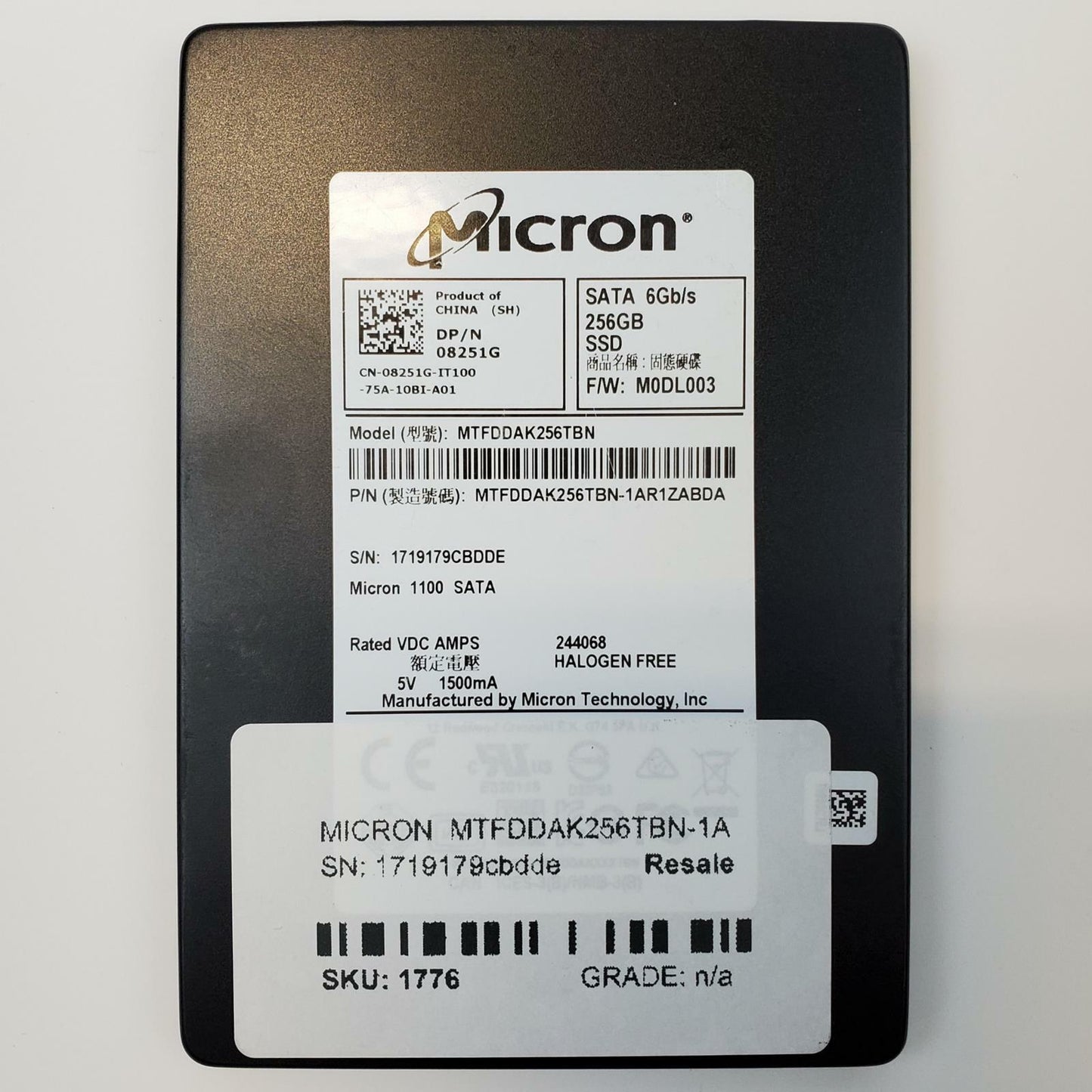 Micron MTFDDAK256TBN-1AR1ZABDA 256GB 2.5" SATA Internal SSD | Grade A | 7766