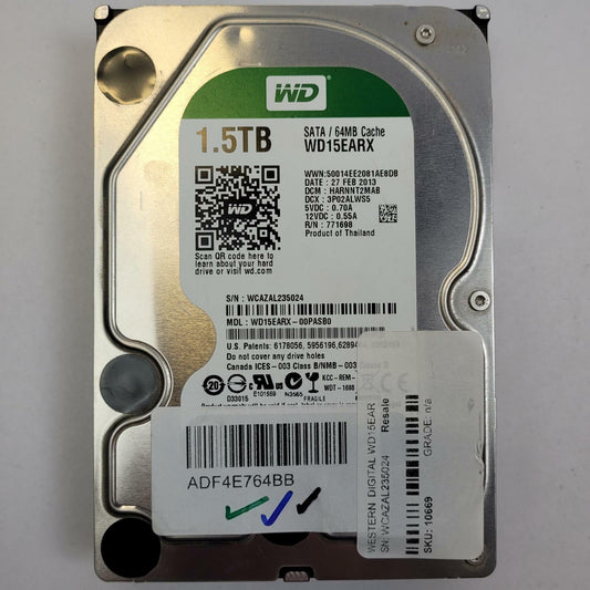 WESTERN DIGITAL WD15EARX-00PASB0 1.5TB 3.5" SATA Internal HDD | Grade A