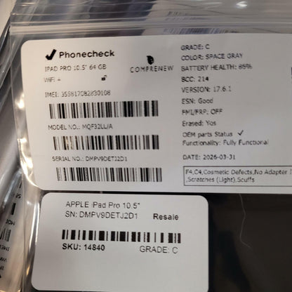 APPLE iPad Pro 10.5" MQF32LL/A 64GB WiFi Tablet SPACE GRAY | Grade C | 14840