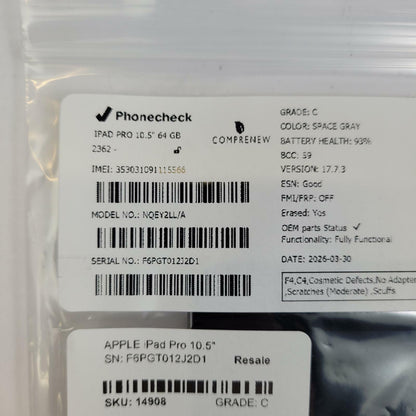 APPLE iPad Pro 10.5" NQEY2LL/A 64GB Verizon Locked Tablet SPACE GRAY | Grade C